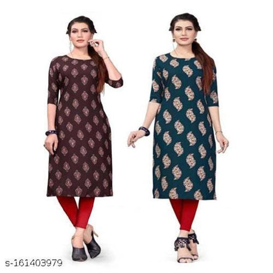 Crepe Printed Kurti for Women (Brown & Green, S) (Pack of 2) 1457