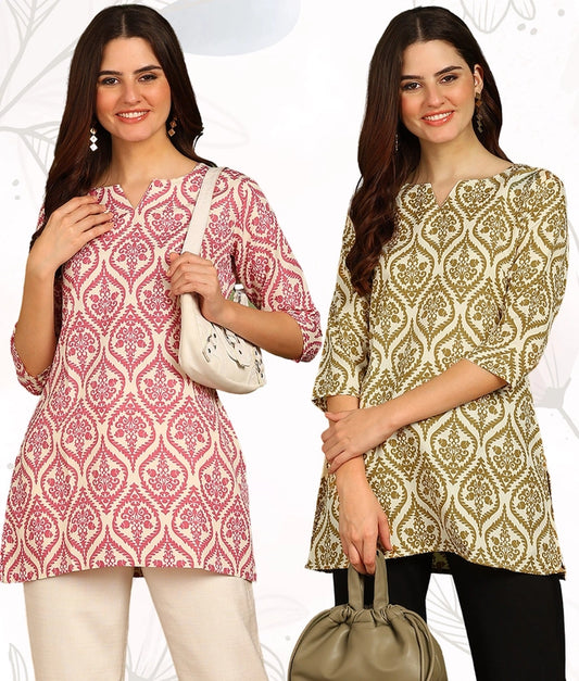 Rayon Printed Short Kurti for Women (Pink & Gold, S) (Pack of 2) 884