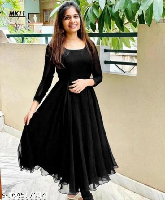 Georgette Solid Anarkali Kurti for Women (Black, M) 17523