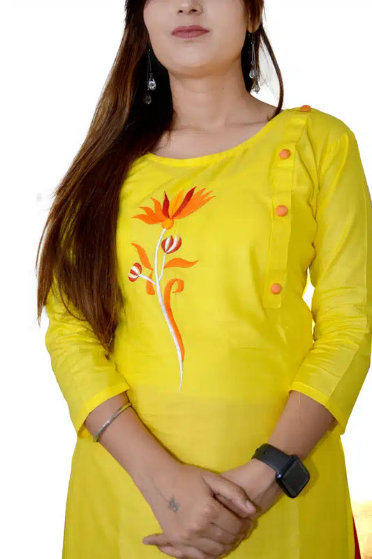 Viscose Rayon Embroidered Kurti for Women (Yellow, S) 13144