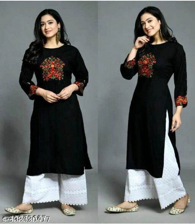 Rayon Embroidered Kurti for Women (Black, S) 15632