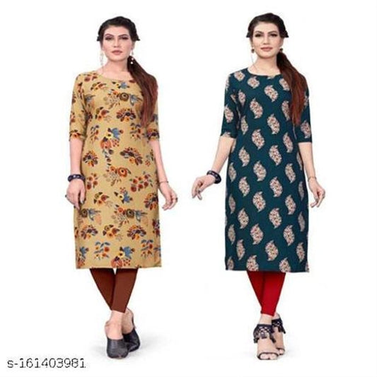 Crepe Printed Kurti for Women (Yellow & Teal, S) (Pack of 2) 1457