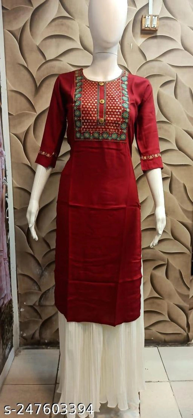 Rayon Slub Printed Kurti for Women (Maroon, M) 15632