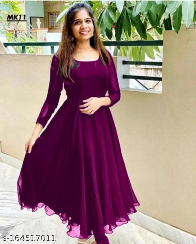 Georgette Solid Anarkali Kurti for Women (Purple, M) 17523