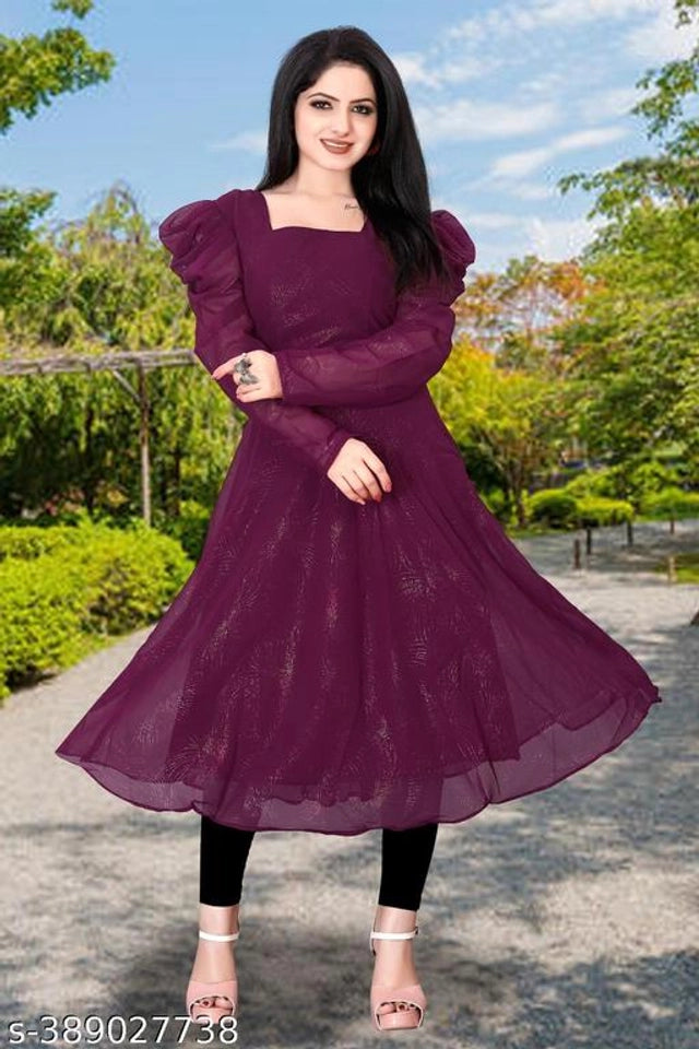 Georgette Solid Anarkali Kurti for Women (Purple, M) 17523