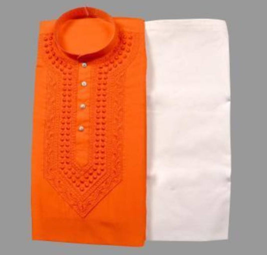 Cotton Embroidered Kurta with Pyjama for Men (Orange & White) - My Fashion Sell