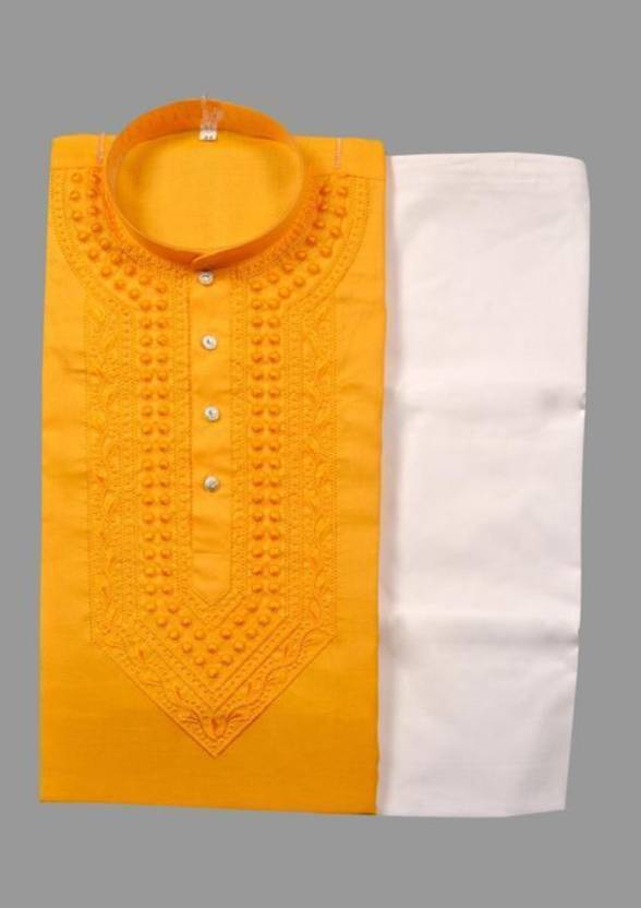 Cotton Embroidered Kurta with Pyjama for Men (Yellow & White) - My Fashion Sell