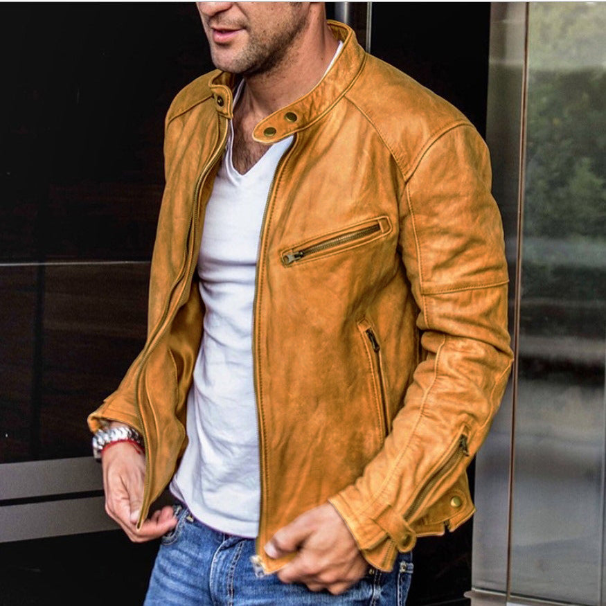 Fall Winter Men PU Leather Stand Collar Punk 3080