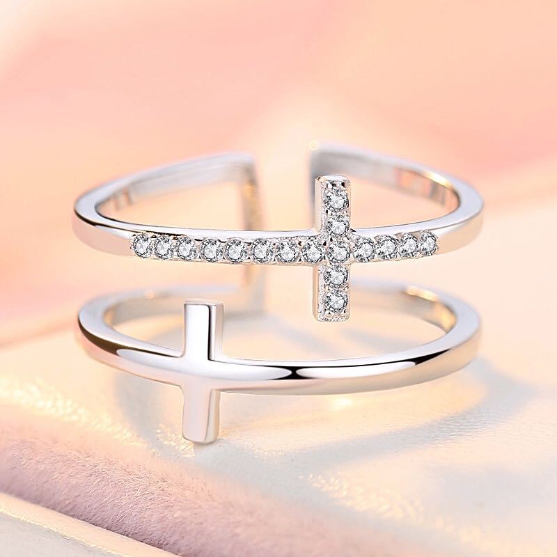 Double Cross Miniature Copper Inlaid Zircon Ring My Store