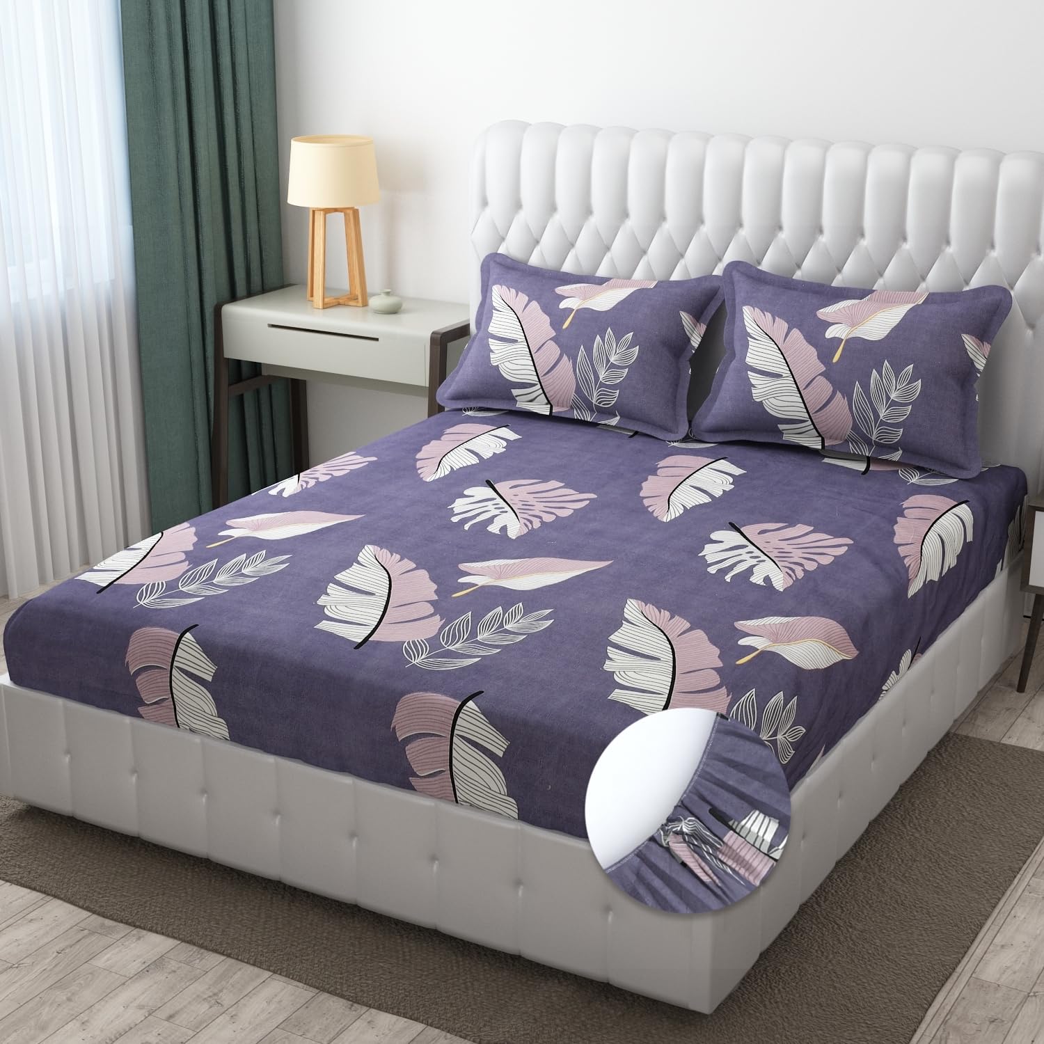 (Leaves - Purple) Cotton Elastic 160 TC King Bedsheet with 2 Pillow Covers - My Fashion Sell