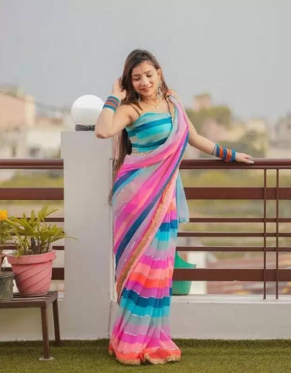 Printed, Self Design, Digital Print, Color Block, Blocked Printed, Woven, Checkered Daily Wear Georgette Saree Dropdash