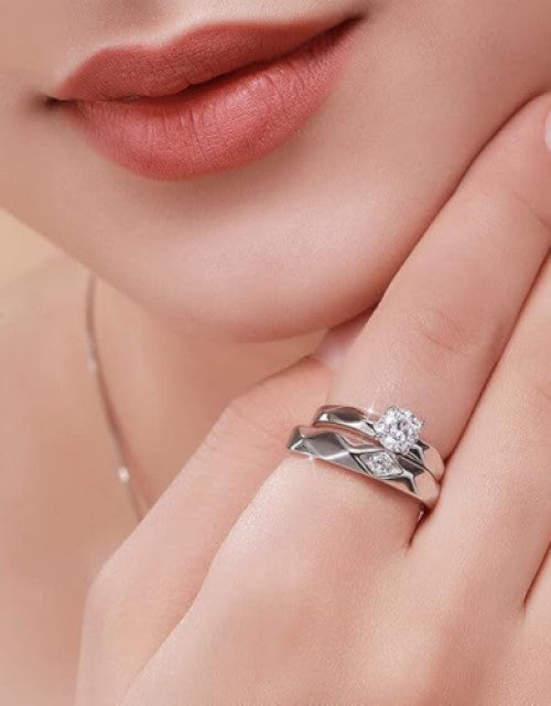 Uniqon Silver Color Stainless Steel Crystal Nug Diamond Stone Romantic Couple Finger Rings Dropdash