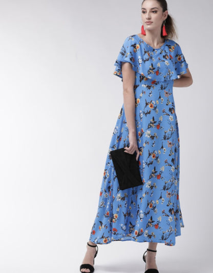 Women Blue Cape Sleeve Maxi Dress Dropdash