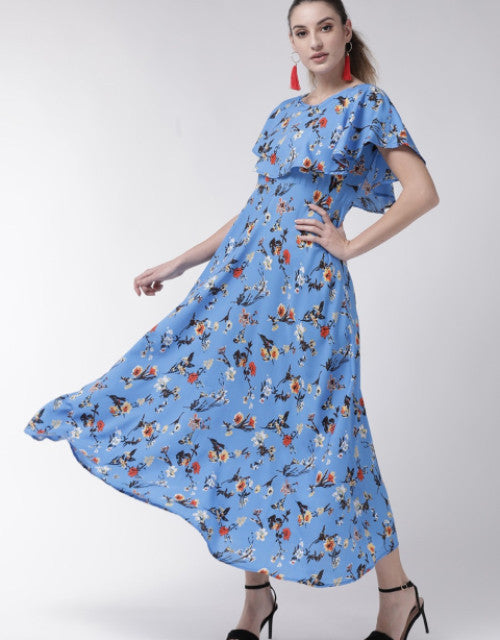 Women Blue Cape Sleeve Maxi Dress Dropdash