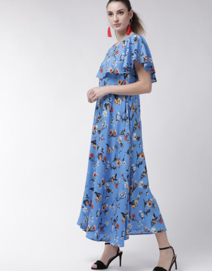 Women Blue Cape Sleeve Maxi Dress Dropdash