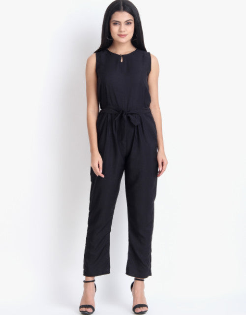Women Casual Solid Black Sleeveless Full Length Crepe Jumpsuit Dropdash