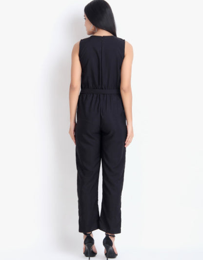 Women Casual Solid Black Sleeveless Full Length Crepe Jumpsuit Dropdash