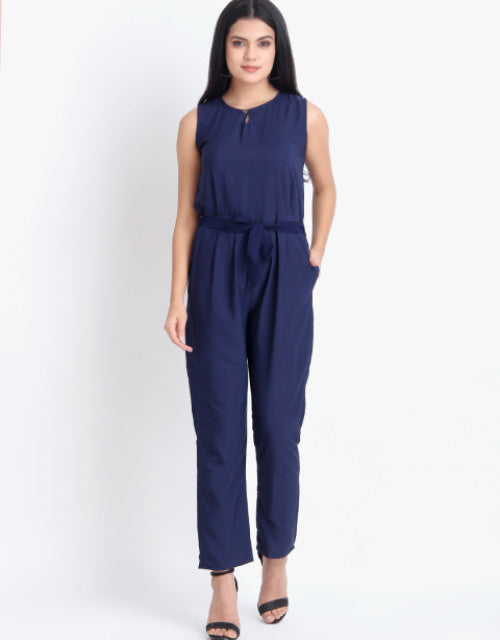 Women Casual Solid Blue Sleeveless Full Length Crepe Jumpsuit Dropdash
