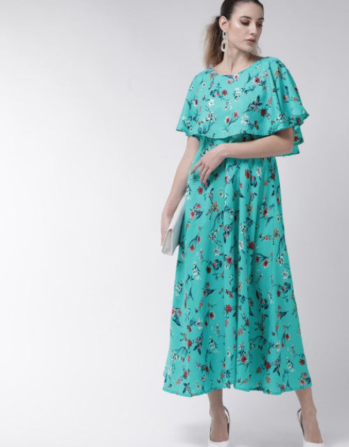 Women Turquoise Cape Sleeve Maxi Dress Dropdash