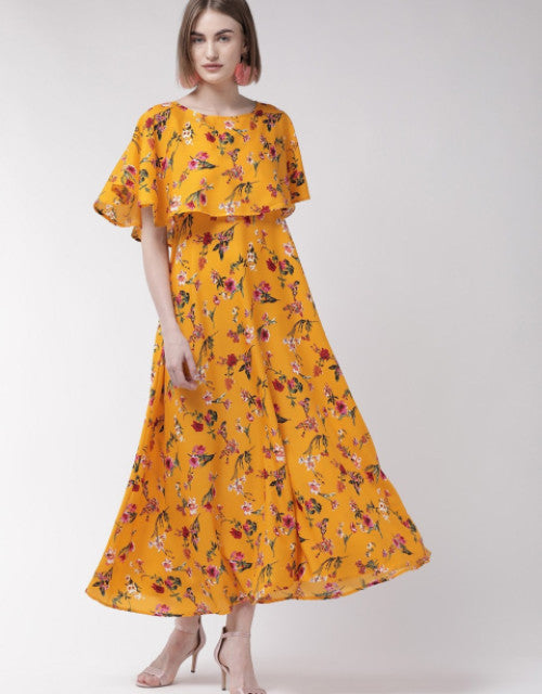 Women Yellow Cape Sleeve Maxi Dress Dropdash