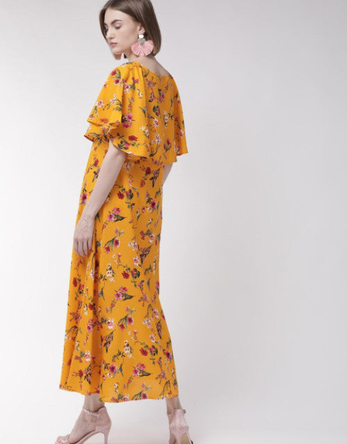 Women Yellow Cape Sleeve Maxi Dress Dropdash