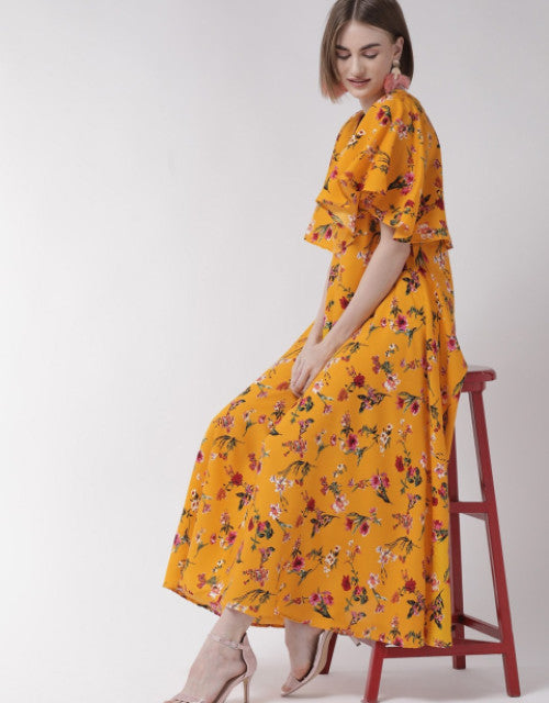 Women Yellow Cape Sleeve Maxi Dress Dropdash