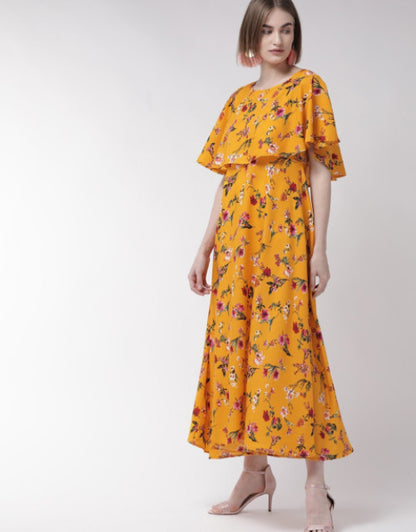 Women Yellow Cape Sleeve Maxi Dress Dropdash