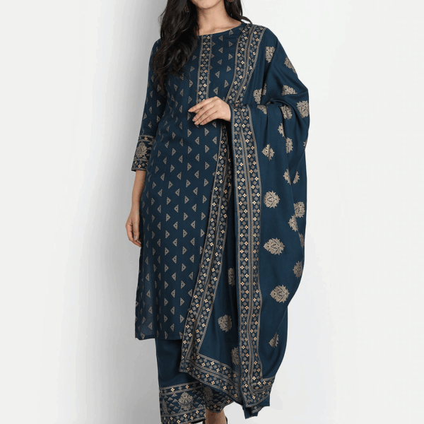 Neavy Blue & Golden Printed Fancy Kurti With Bottom & Dupatta set