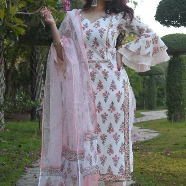 White & Baby Pink Printed Fancy Kurti With Bottom & Dupatta set