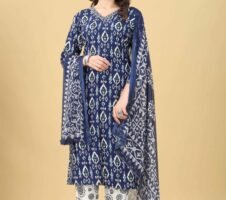 Blue Printed Fancy Kurti With Bottom Dupatta Set