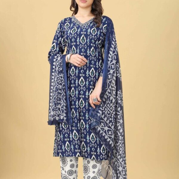 Blue Printed Fancy Kurti With Bottom Dupatta Set