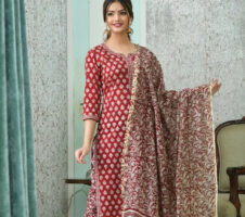 Red & Cream Printed Fancy Kurti With Bottom & White Dupatta set