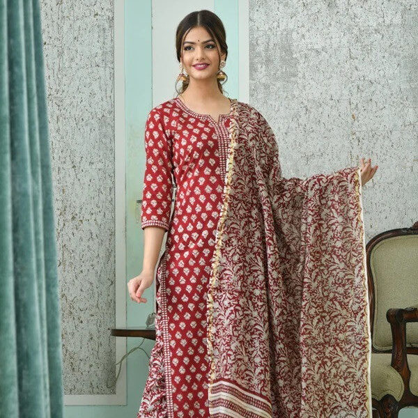 Red & Cream Printed Fancy Kurti With Bottom & White Dupatta set