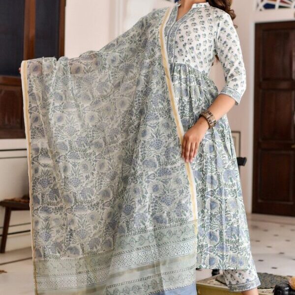 White & Sky Blue Printed Fancy Kurti With Bottom & White Dupatta set