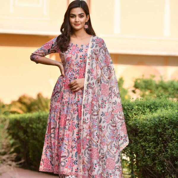 Peach & Baby Pink Printed Fancy Kurti With Bottom Dupatta set