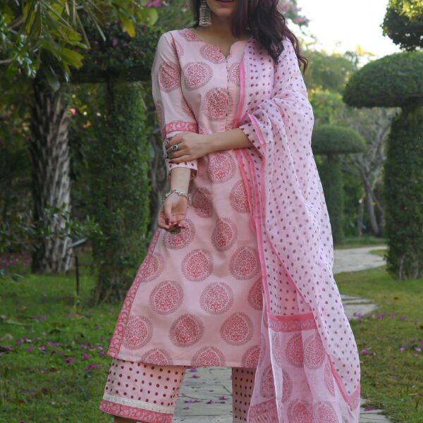 Baby Pink Printed Fancy Kurti With Bottom Dupatta set