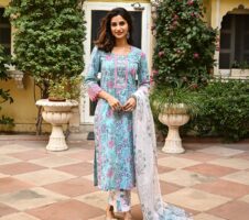 Pink & Sky Blue Fancy Kurti With Bottom Dupatta set