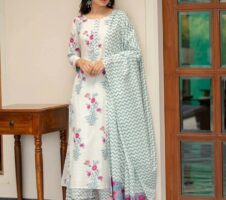 Leaf Green & White Fancy wear Kurti With Bottom Dupatta set