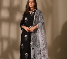 Black & Light Grey Fancy wear Kurti With Bottom Dupatta set