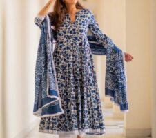 Royal Blue & White Fancy wear Kurti With Bottom Dupatta set