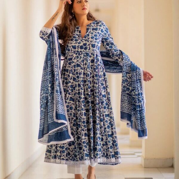 Royal Blue & White Fancy wear Kurti With Bottom Dupatta set