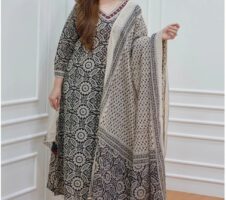 Cream & Black Fancy wear Kurti With Bottom Dupatta set