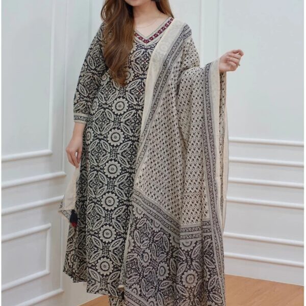 Cream & Black Fancy wear Kurti With Bottom Dupatta set