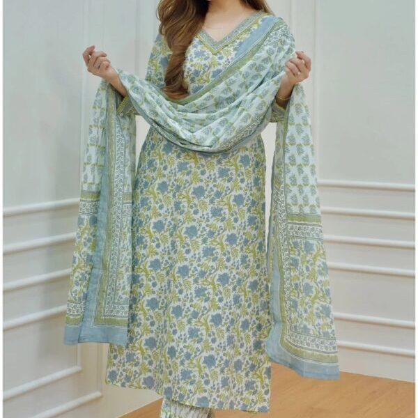 Green Floral Printed wear Kurti With Bottom Dupatta set