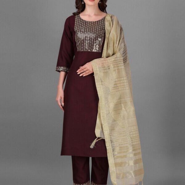 Womens Maroon Colour Cotton Kurta Pant With Dupatta Set
