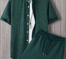 Green Plain Men's Shirt And Shorts Set Short Sleeve
