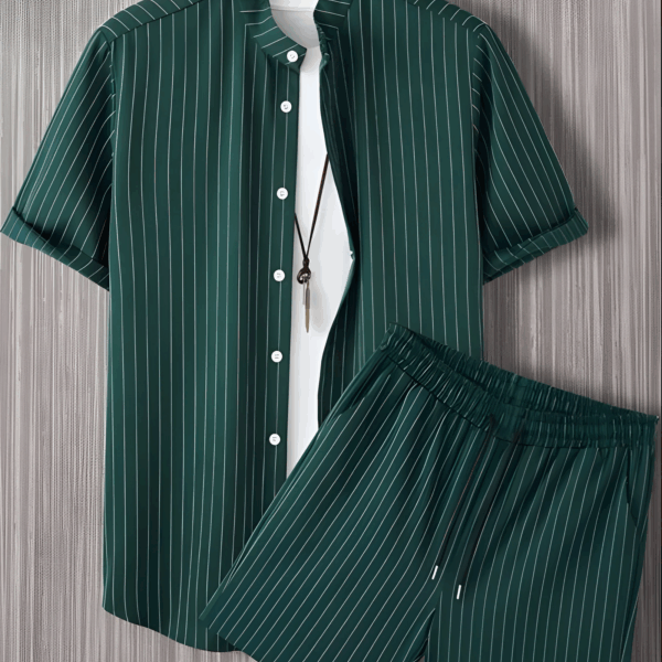 Green Plain Men's Shirt And Shorts Set Short Sleeve