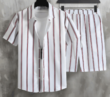 Maroon Striped Printed White Men's Shirt And Shorts Set Short Sleeve