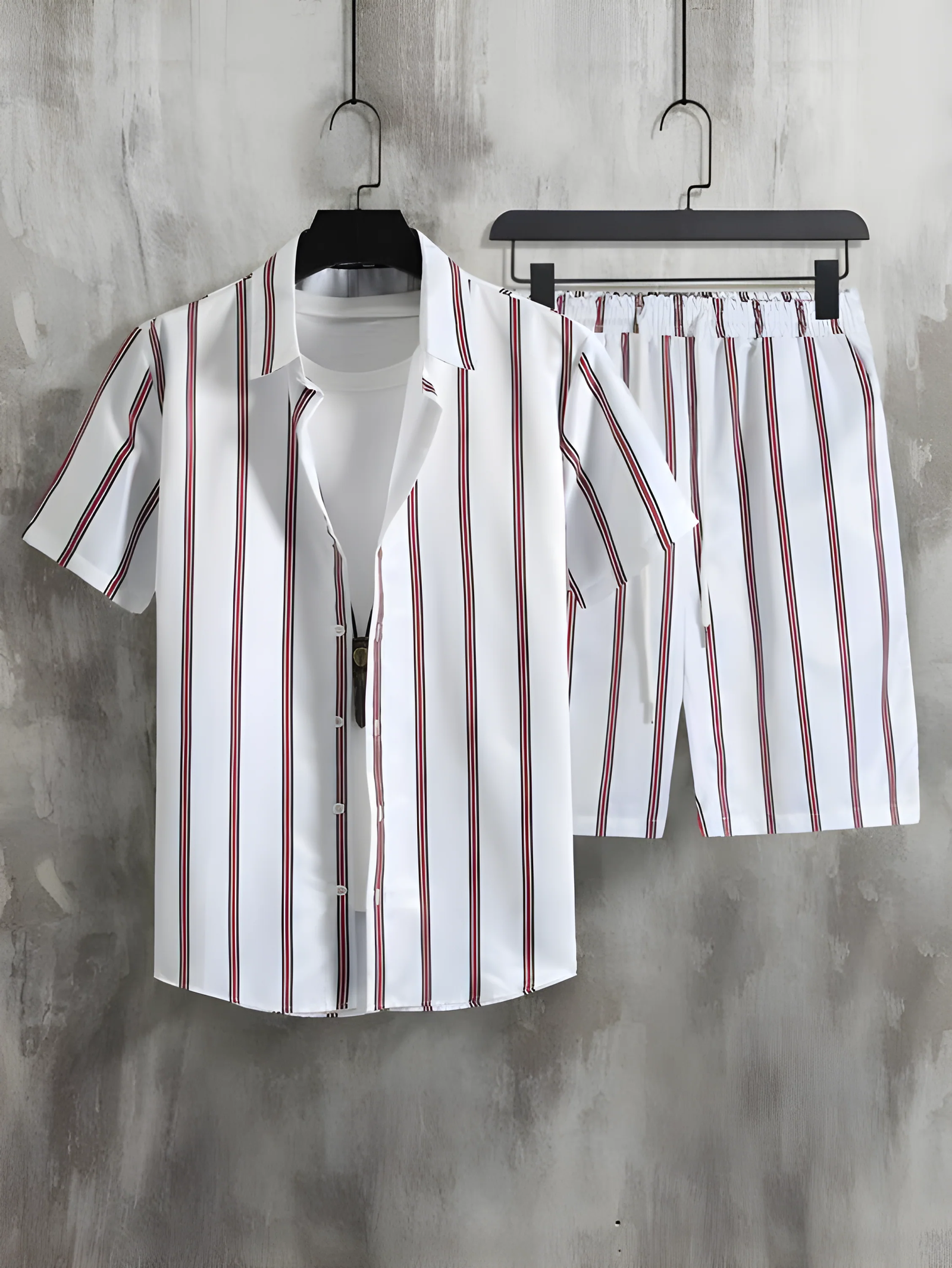 1695100128-459185199 Maroon Striped Printed White Men's Shirt And Shorts Set Short Sleeve Dropshipera