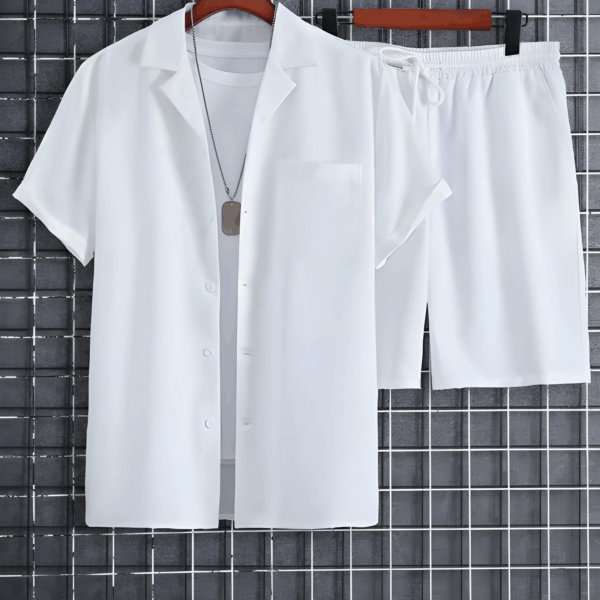 White Colour Men's Shirt And Shorts Set Short Sleeve